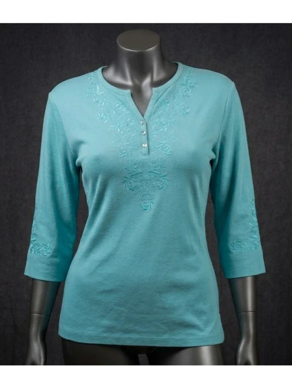 Links Aqua Turquoise Floral Embroidered 3/4 Sleeve Henley Top Size S